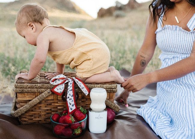 Picnic con un bebé y el producto calentador de leche